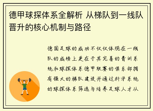 德甲球探体系全解析 从梯队到一线队晋升的核心机制与路径