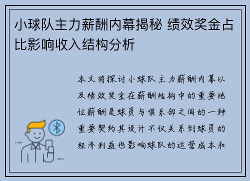 小球队主力薪酬内幕揭秘 绩效奖金占比影响收入结构分析